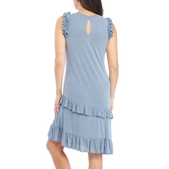 Violet Weekend Dusty Blue Rhinestone & Pearl Sleeve Ruffle Dress Size Small - Picture 2 of 9